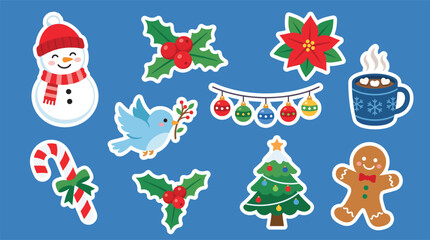 Naklejka premium Christmas sticker set with 10 holiday icons, cute winter character vector illustrations, festive gingerbread man and snowman patches for scrapbooking