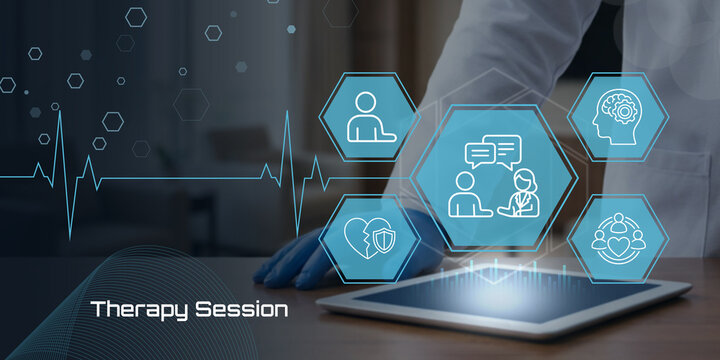Digital therapy session with virtual health technology and patient care icons