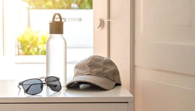Botella reutilizable blanca, gorra y gafas de sol sobre un mueble junto a una puerta abierta en un interior luminoso