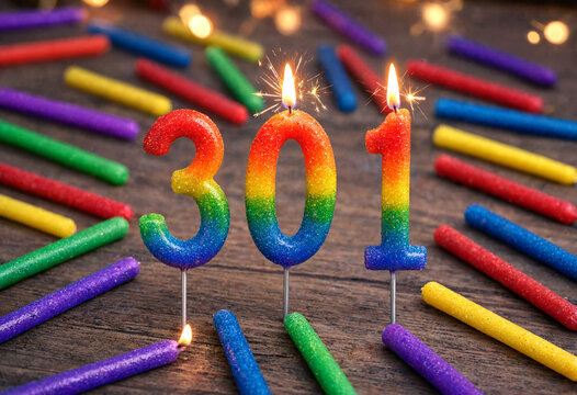 Colorful birthday candles spelling out the year three zero one