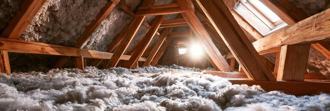 A contemporary attic in a residential home with wooden beams, during construction, featuring loose-fill thermal insulation aimed at enhancing energy efficiency and improving the home.