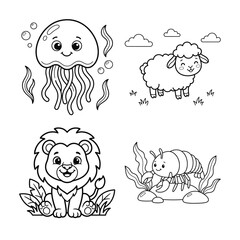 Obraz premium Cute animal coloring page vector bundle featuring adorable jellyfish sheep lion and caterpillar illustrations for kids activity books
