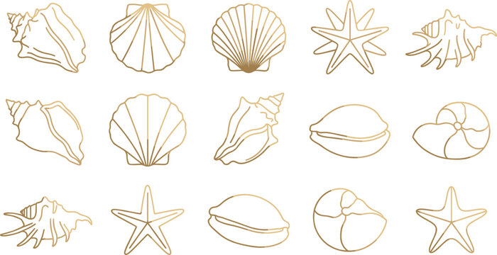 Luxury Golden Seashell and Starfish Outline Icon Set Featuring Elegant Metallic Gold Foil Marine Shells and Sea Life Shapes Vector Illustration