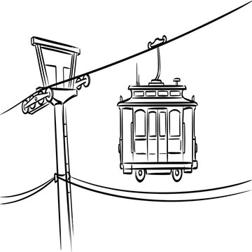 Minimalist black and white line art illustration of a vintage cable car suspended on an aerial tramway system with a support tower and cables against a clean white background.