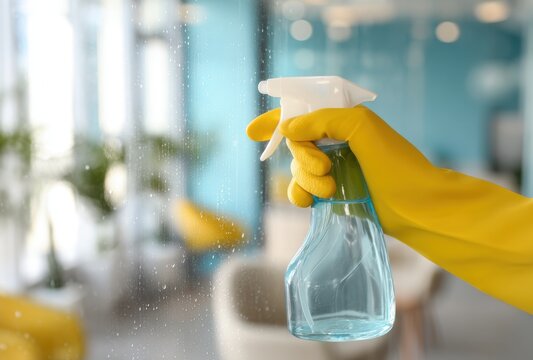 A person wearing bright yellow protective gloves is shown spraying disinfectant on furniture to clean and sanitize an indoor space