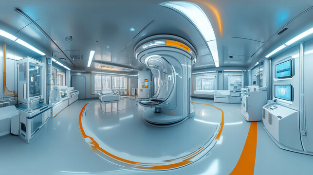 360 degree panorama view.A bright, empty futuristic lab is shown in a 3D image.  It's a panoramic view, like you're standing in the middle of the room.