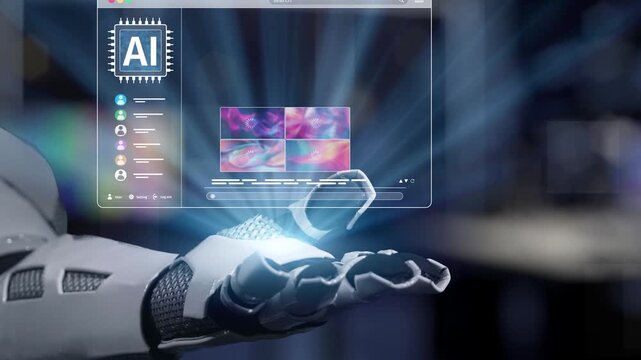 A robotic hand interacts with a high-tech AI interface showcasing colorful abstract visuals, representing the fusion of advanced technology and digital creativity. Salient