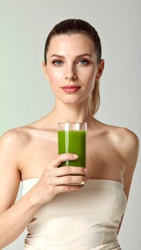 Mujer sosteniendo un vaso con bebida verde frente a la c&aacute;mara sobre fondo claro