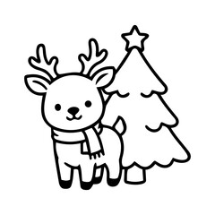 Naklejka premium Cute Cartoon Reindeer with Christmas Tree and Scarf Illustration