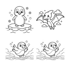 Cute animal characters coloring page vector bundle featuring a penguin and a flying pterodactyl for kids activities © Visual Assets