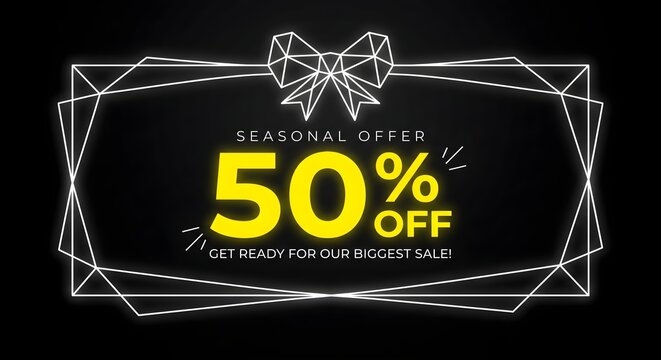 Minimalist Gold Wireframe Ribbon Seasonal Offer 50% Off Banner Vector