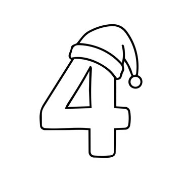 Cute Hand-Drawn Number Four with Christmas Hat Illustration