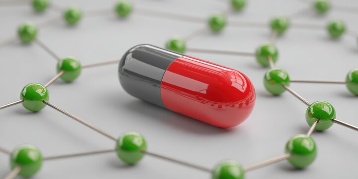Red and gray capsule pill connected to a network of green nodes on a white surface