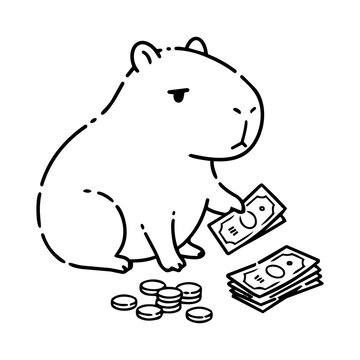 Illustration of a Capybara Handling Money with a Serious Expression