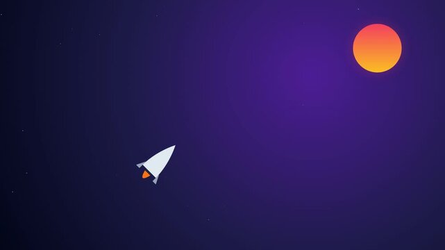 Stylized rocket ship traveling through dark purple space toward a sun