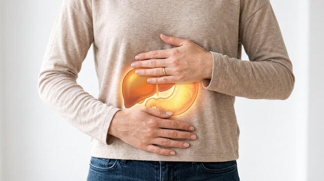 Woman holding stomach with glowing liver and stomach graphic overlay, indicating abdominal pain, digestive issues, organ health, medical concept, internal body system