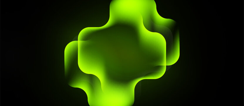 Bright green plus sign shape. Soft gradients create fluid, layered effect against dark background. Modern, abstract design.