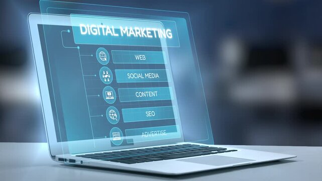 A sleek laptop showcases a digital marketing interface featuring essential elements like web design, social media, and SEO tools, ideal for modern business campaigns. Salient