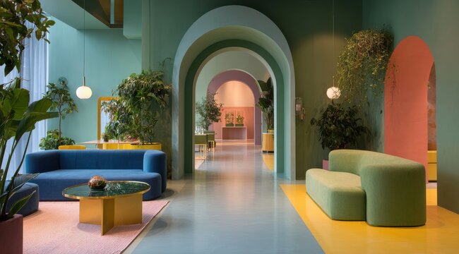 A beautifully designed interior hallway features arched doorways stylish modern furniture and a striking vibrant color palette throughout the space