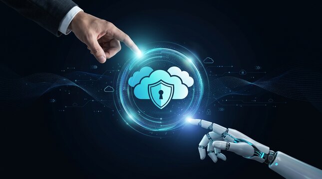 Cloud security and human robot collaboration concept showing artificial intelligence and human hands activating a secure data protection shield