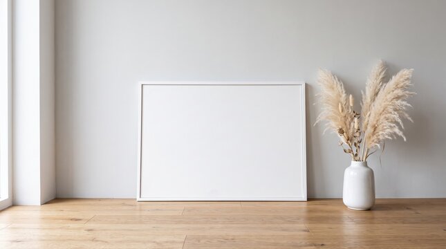 Minimalist white frame mockup leaning on light wooden floor against gray wall, beside ceramic vase with dried pampas grass, bright natural window light, interior design