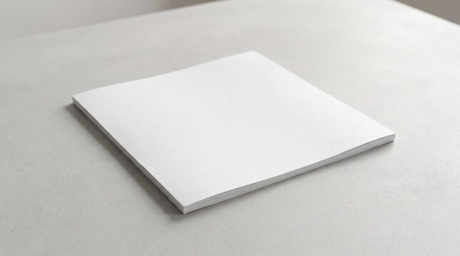 Blank white square brochure or booklet on a light gray surface.