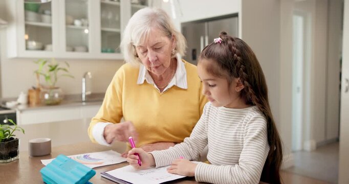 Writing, grandma and child with homework for help, assessment and learning for development. Family, home and girl with grandmother, answer sheet and support for education, knowledge and growth