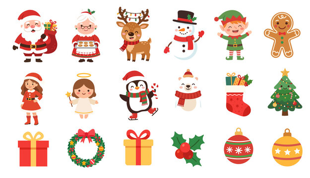 Christmas cartoon characters and elements illustrations set. Festive kawaii clipart for Christmas decorations