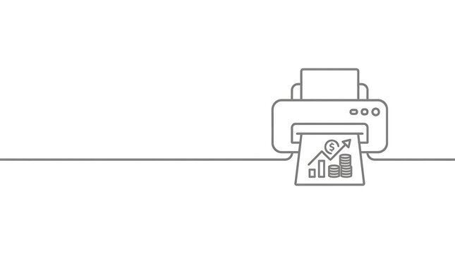 continuous one line drawing of printer printing financial report with growth chart business report concept on white background with copy space