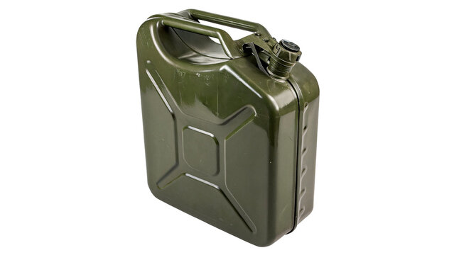 Green metallic jerrycan fuel gasoline canister container isolated on transparent background.