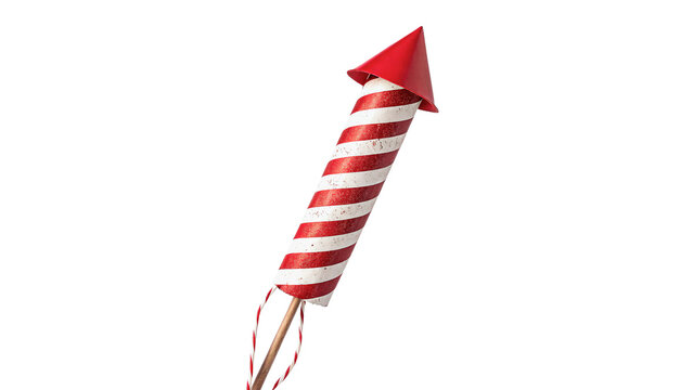 Red and white striped firework rocket firecracker isolated on transparent background.