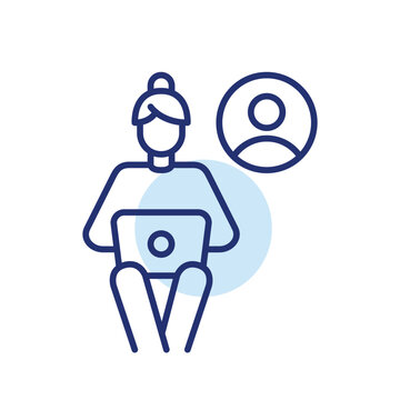Freelance laptop user, remote worker profile. Woman working at computer. Pixel perfect, editable stroke vector icon