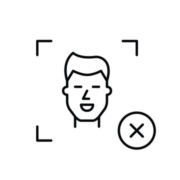 Biometric restriction, facial recognition ban, identity verification. Man face id. Pixel perfect, editable stroke vector icon