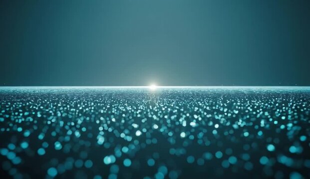 A broad horizontal field of tiny luminous particles gradually changes density near an invisible horizon line, subtle signals travel across the horizon while particles gently rise and fall in depth