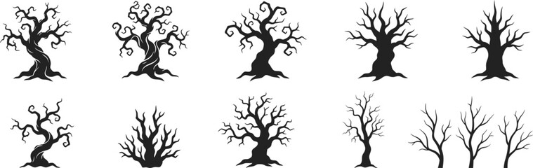 Obraz premium Set of spooky dead trees silhouettes for halloween design elements