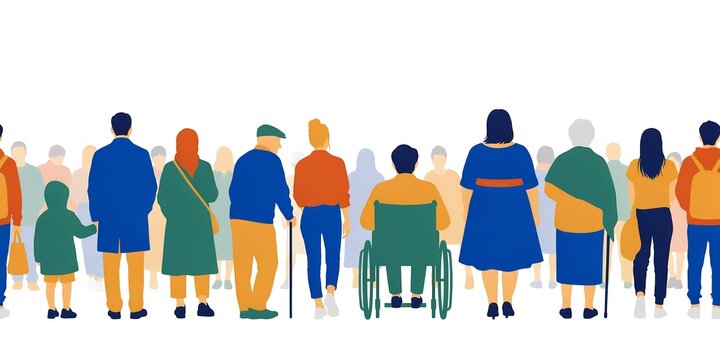Colorful flat vector illustration of diverse crowd walking together against white background