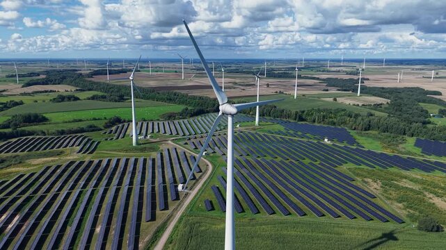 Aerial footage shows wind turbines spinning above expansive solar panel arrays on rolling green farmland under a dramatic sky, capturing sustainable energy in action and clean technology.