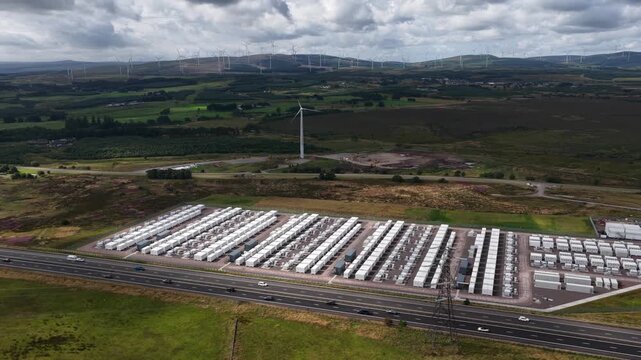 Drone view of Coalburn 1 in South Lanarkshire, Scotland, showing grid-scale battery storage supporting renewable power, wind integration and electricity balancing.