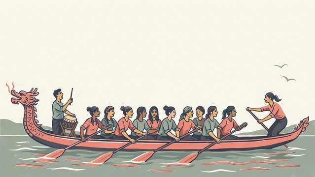Illustrated dragon boat racing team paddling together in a traditional water race