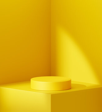 3D Minimal yellow podium cylinder stand for product mockup corner room display background with colorful concept