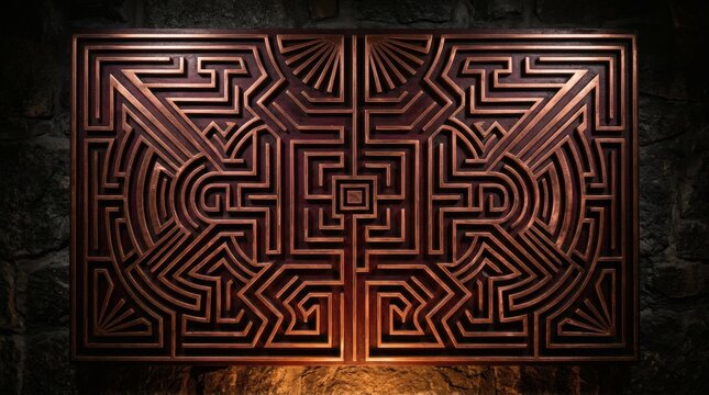 Complex copper labyrinth wall art featuring intricate geometric maze patterns on dark stone backdrop.