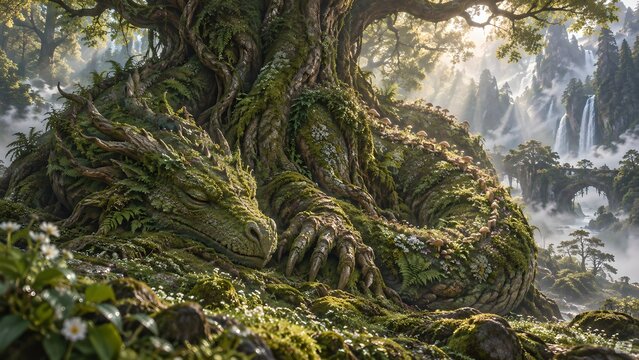 Ancient Forest Dragon Sleeping Around Sacred Oak Tree Moss Covered Fantasy Creature