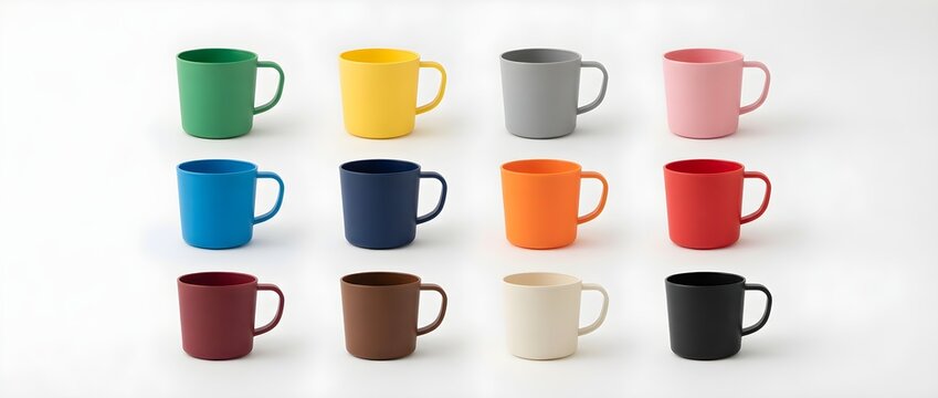 Colorful plastic mugs arranged in a grid. Multi-colored empty drinking cups isolated on a white background, perfect for kitchenware or beverage product mockups.