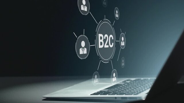 A digital illustration showing the concept of B2C communication using a laptop with connected user icons, perfect for showcasing online marketing and consumer engagement strategies. Salient