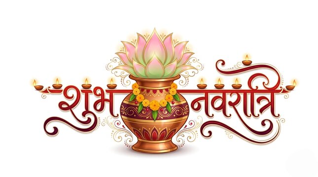 shubh navratri festival hindi typography with kalash illustration