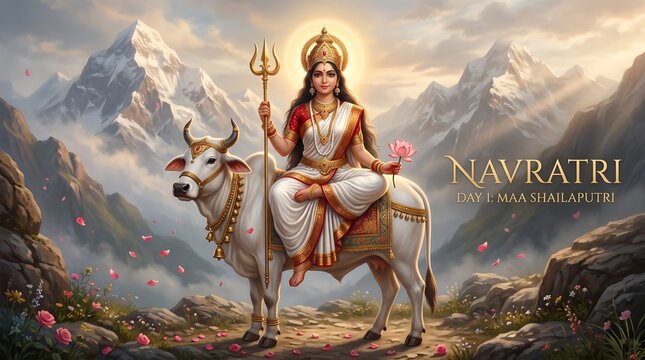 Hindu goddess maa shailputri seated on a white bull for navratri day one celebration