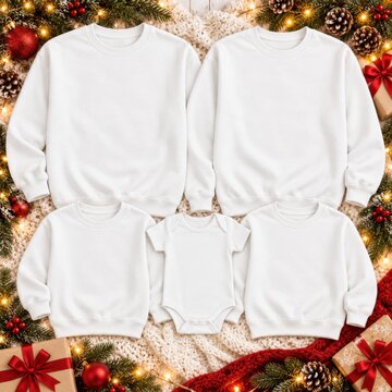 Christmas white sweatshirt set and baby bodysuit, mockup for matching family designs. Flat lay pullover, adults and kid outfit mock up, Winter holiday stuff background. Unisex, gender neutral t-shirts