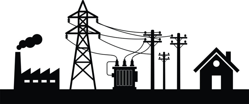 Electrical Power Distribution from Industrial Factory to Residential Home with Transmission Tower, Transformer and Utility Poles Black Silhouette Vector Illustration