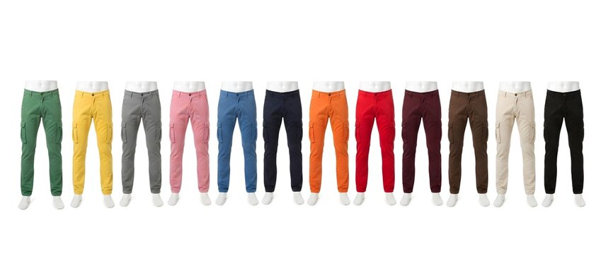 A wide selection of colorful cargo pants for men, arranged in a row and displayed on invisible mannequins against a plain white background.
