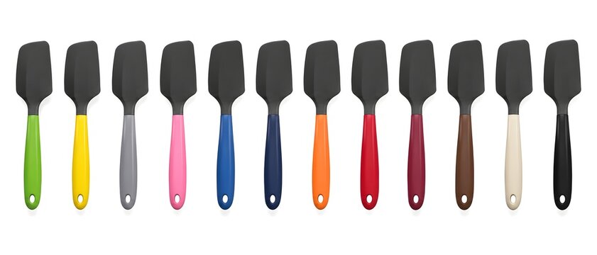 Multiple colorful kitchen silicone spatulas displayed in a row. Baking and cooking utensils isolated on a solid white background.